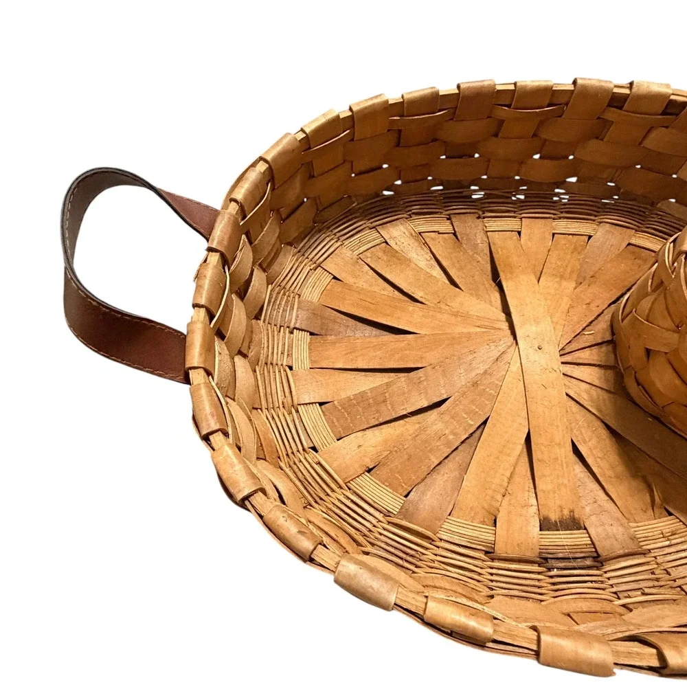 Handcrafted Woven Wood Chip and Dip Basket Oval Serving Tray Leather Handles